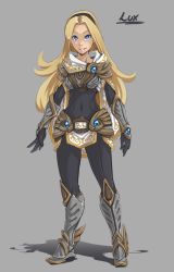 Rule 34 | 1girl, armor, armored boots, blonde hair, blue eyes, bodysuit, boots, breastplate, cape, character name, commentary, covered navel, full body, gauntlets, hairband, hushabye, league of legends, long hair, looking at viewer, lux (league of legends), miniskirt, scarf, skirt, smile, solo