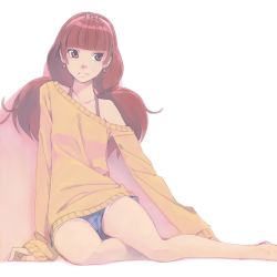 Rule 34 | 1girl, akinbo (hyouka fuyou), amanogawa kirara, arm support, barefoot, blue panties, bow, bra strap, brown eyes, brown hair, collarbone, earrings, go! princess precure, hair bow, hairband, highres, jewelry, long hair, long sleeves, looking to the side, off shoulder, panties, pink bow, pink hairband, precure, simple background, sitting, solo, star (symbol), star earrings, sweater, twintails, underwear, white background, yellow sweater