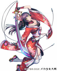 Rule 34 | 1girl, arm up, black hair, breasts, cleavage, esukee, gloves, green eyes, hair ornament, japanese clothes, kimono, looking at viewer, mecha shoujo taisen z, open mouth, original, sandals, solo, sword, tassel, thighhighs, weapon, white thighhighs, wide sleeves