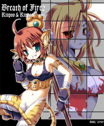Rule 34 | 2girls, animal ears, bad id, bad pixiv id, blonde hair, blush, bodypaint, boots, breasts, breath of fire, breath of fire ii, capcom, choker, cleavage, dual persona, earrings, eyebrows, eyes visible through hair, furry, furry female, gloves, green eyes, grin, jewelry, long hair, medium breasts, multiple girls, navel, necklace, no panties, no pants, no pussy, nose, pointy ears, red eyes, red hair, rinpoo chuan, short hair, smile, striped, tail, teeth, weapon, white background, yoroi nau