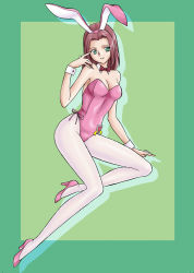 Rule 34 | 00s, 1girl, animal ears, arm support, bare arms, bare shoulders, border, bowtie, breasts, cleavage, code geass, detached collar, fake animal ears, full body, green background, green border, green eyes, grin, hand up, head tilt, heart, high heels, kouzuki kallen, leotard, looking at viewer, medium breasts, neck, official alternate costume, outside border, pantyhose, parted bangs, pink footwear, pink leotard, playboy bunny, rabbit ears, red bow, red bowtie, red hair, shoes, short hair, side-tie leotard, sitting, smile, solo, strapless, strapless leotard, uraharukon, white pantyhose, wrist cuffs