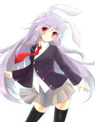 Rule 34 | 1girl, animal ears, black thighhighs, blazer, blush, female focus, highres, jacket, long hair, necktie, open mouth, purple hair, rabbit ears, red eyes, red necktie, reisen udongein inaba, skirt, smile, solo, thighhighs, touhou, ut pictura poesis, very long hair