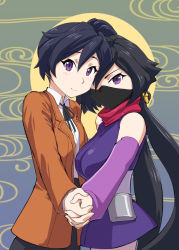Rule 34 | 10s, 2girls, ayame (gundam build divers), bare shoulders, black hair, blazer, blush, breasts, collared shirt, detached sleeves, dress shirt, dual persona, fujisawa aya (gundam build divers), gundam, gundam build divers, hair between eyes, height difference, highres, holding hands, interlocked fingers, jacket, japanese clothes, large breasts, long hair, long sleeves, looking at viewer, mask, mouth mask, multiple girls, ninja, ninja mask, purple eyes, red scarf, ribbon, scarf, school uniform, shiny clothes, shirt, short hair, side ponytail, skirt, small breasts, smile, twintails, ueyama michirou, very long hair, white shirt