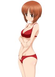 Rule 34 | 1girl, absurdres, arm grab, bikini, blush, breasts, brown eyes, brown hair, cleavage, closed mouth, commentary, cowboy shot, flatfield, girls und panzer, highres, light smile, looking at viewer, medium breasts, nishizumi miho, red bikini, short hair, simple background, solo, standing, swimsuit, white background