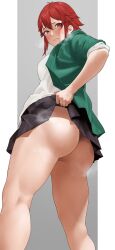 Rule 34 | 1girl, aizawa tomo, ass, black skirt, blush, closed mouth, clothes lift, embarrassed, fang, from behind, from below, frown, highres, jacket, lifting own clothes, looking at viewer, looking back, no panties, open clothes, open jacket, red eyes, red hair, rinrin (user tvcf4347), school uniform, shirt lift, short hair, simple background, skirt, sleeves rolled up, solo, standing, steaming body, tomo-chan wa onna no ko, upskirt