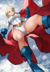 Rule 34 | 1girl, absurdres, ahoge, belt, blue eyes, blue gloves, breasts, cape, cleavage, cleavage cutout, clothing cutout, commentary request, day, dc comics, gloves, hands up, highres, large breasts, leotard, lips, long sleeves, outdoors, power girl, red cape, shiny skin, short hair, simple background, solo, superman (series), thighs, white leotard, yoshio (55level)