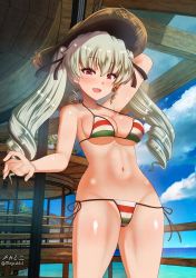 Rule 34 | 1girl, anchovy (girls und panzer), bikini, blush, breasts, cameltoe, cleavage, collarbone, drill hair, girls und panzer, green hair, hair ribbon, hat, highres, italian flag bikini, large breasts, long hair, looking at viewer, megadeko, navel, open mouth, outdoors, red eyes, ribbon, side-tie bikini bottom, smile, solo, straw hat, striped bikini, striped clothes, swimsuit