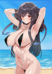 Rule 34 | 1girl, :o, absurdres, areola slip, armpits, arms up, bare shoulders, beach, black hair, black one-piece swimsuit, blush, boku no kanojo wa ningyohime!?, breasts, cleavage, commentary, commission, english commentary, hands in hair, highres, koma ion, large breasts, long hair, looking at viewer, navel, ocean, one-piece swimsuit, onedoo, open mouth, outdoors, pixiv commission, red eyes, sideboob, slingshot swimsuit, solo, stomach, swimsuit, water