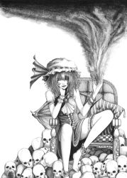 Rule 34 | 1girl, anklet, armlet, bad id, bad pixiv id, barefoot, bat wings, bracelet, chair, head rest, dress, female focus, graphite (medium), greyscale, hane (azelye), hat, highres, jewelry, legs, monochrome, pillow, remilia scarlet, sitting, skull, smoke, solo, touhou, traditional media, white background, wings