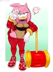 Rule 34 | 1girl, absurdres, amy rose, animal ears, artist name, blush, breasts, choker, cleavage, furry, furry female, gloves, green eyes, hairband, heart, hedgehog, hedgehog ears, highres, jacket, jinu (jinusenpai), large breasts, looking at viewer, pants, pink hair, red jacket, red pants, salute, shoes, smile, sneakers, solo, sonic (series), strapless, sweatpants, tail, tube top, white gloves
