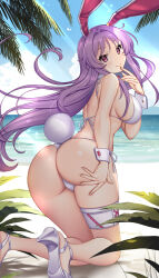 Rule 34 | 1girl, animal ears, ass, backlighting, beach, bikini, breasts, commentary request, day, finger to mouth, foot out of frame, hair intakes, hand on own ass, hand up, hataraki kuma, highres, horizon, large breasts, legs, looking at viewer, looking back, outdoors, purple eyes, purple hair, rabbit ears, rabbit tail, reisen udongein inaba, sideboob, smile, solo, swimsuit, tail, thighs, touhou, water
