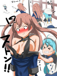 Rule 34 | 2girls, assisted exposure, black legwear, black skirt, blonde hair, blouse, blue hair, blue neckerchief, blue ribbon, blue sailor collar, blue shirt, blue skirt, blush, breasts, brown eyes, cleavage, comic, commentary request, convenient censoring, garter straps, gradient hair, hat, highres, johnston (kancolle), kantai collection, large breasts, light brown hair, long hair, looking at viewer, multicolored hair, multiple girls, neckerchief, no bra, off shoulder, open mouth, pantyhose, pleated skirt, ribbon, running, sado (kancolle), sailor collar, sailor hat, school uniform, serafuku, shirt, skirt, sleeveless, sleeveless shirt, smile, tama (tamago), thighhighs, translation request, two side up, united states medal of honor, white headwear