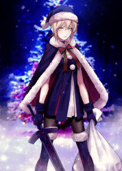 Rule 34 | 1girl, applekun, artoria pendragon (all), artoria pendragon (fate), bag, black pantyhose, blue cape, blue dress, blue footwear, blue gloves, blue hat, blurry, blurry background, boots, cape, christmas tree, closed mouth, dress, excalibur morgan (fate), fate/grand order, fate (series), fur-trimmed boots, fur-trimmed cape, fur-trimmed headwear, fur trim, gift bag, gloves, hair between eyes, hat, highres, holding, holding bag, holding sword, holding weapon, pantyhose, santa alter, santa hat, short dress, short hair, silver hair, solo, standing, sword, thigh boots, thighhighs, weapon, yellow eyes