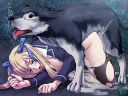 Rule 34 | 1boy, 1girl, bent over, bestiality, black thighhighs, blonde hair, blue ribbon, blush, breasts, butcha-u, cum, cum overflow, cum pool, dog, facing viewer, full body, green eyes, hair ornament, hair ribbon, half-closed eyes, hetero, jacket, kemono no ikenie, kohinata karen, large breasts, long hair, on grass, on ground, open mouth, outdoors, ribbon, rolling eyes, school uniform, sex, sex from behind, shiny skin, skindentation, spread legs, thighhighs, tongue, tongue out, top-down bottom-up, torn clothes, torn thighhighs, twintails, vaginal
