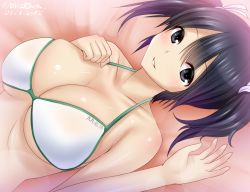Rule 34 | 10s, 1girl, bikini, black eyes, black hair, brasowa, breasts, collarbone, dated, kantai collection, looking at viewer, lying, on back, smile, solo, souryuu (kancolle), swimsuit, twintails