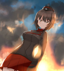 Rule 34 | 10s, 1girl, black jacket, brown eyes, brown hair, closed mouth, cloud, cloudy sky, cowboy shot, dress shirt, dutch angle, from below, garrison cap, girls und panzer, hat, hitoshi suda, jacket, long sleeves, looking at viewer, looking down, military, military uniform, miniskirt, nishizumi maho, pleated skirt, red shirt, red skirt, shirt, short hair, skirt, sky, solo, sunset, uniform
