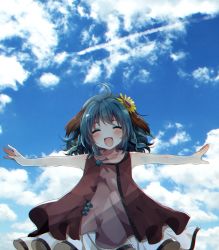 Rule 34 | 1girl, ahoge, animal ears, bad id, bad pixiv id, blush, braid, closed eyes, day, dog ears, fang, flower, green hair, hair flower, hair ornament, happy, kasodani kyouko, long hair, open mouth, outstretched arms, side braids, sky, sleeveless, smile, solo, spread arms, sunflower, sunflower hair ornament, touhou, uguisu mochi (ykss35)
