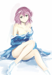 Rule 34 | 1girl, armpits, bare legs, bare shoulders, breasts, cleavage, collarbone, convenient leg, female focus, full body, grey eyes, japanese clothes, kimono, kz nagomiya, large breasts, looking at viewer, md5 mismatch, no headwear, off shoulder, open clothes, open kimono, pink hair, saigyouji yuyuko, short hair, simple background, socks, touhou, white background, white socks