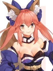 Rule 34 | 1girl, animal ears, bad id, bad twitter id, blush, breasts, cleavage, collarbone, detached sleeves, fate/grand order, fate (series), fox ears, fox tail, large breasts, light smile, looking at viewer, pink hair, shovelwell, solo, tail, tamamo (fate), tamamo no mae (fate/extra)