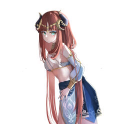 Rule 34 | 1girl, :/, animal ears, aqua eyes, blue nails, blue skirt, blunt bangs, bracer, breasts, circlet, commentary, cowboy shot, crop top, detached sleeves, fake animal ears, from side, genshin impact, gold trim, harem outfit, horns, leaning forward, long hair, long sleeves, looking at viewer, looking to the side, low twintails, medium breasts, midriff, nail polish, nilou (genshin impact), no headwear, parted bangs, puffy long sleeves, puffy sleeves, raised eyebrows, red hair, s7nsles, sidelocks, simple background, skirt, solo, straight hair, thighs, twintails, very long hair, white background