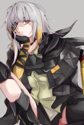 Rule 34 | 1girl, absurdres, black gloves, boots, collared shirt, commentary request, eyepatch, girls&#039; frontline, gloves, grey background, grey hair, grimace, head rest, highres, jacket, knee pads, looking at viewer, m16a1 (boss) (girls&#039; frontline), m16a1 (girls&#039; frontline), mole, mole under eye, nachi-kun, scar, scar on face, shirt, simple background, solo, squatting
