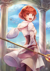 Rule 34 | 1girl, cloud, cloudy sky, cowboy shot, day, dragon, fire emblem, fire emblem: mystery of the emblem, hairband, highres, long sleeves, looking at viewer, maria (fire emblem), nintendo, open mouth, outstretched hand, pegasus knight uniform (fire emblem), pillar, red eyes, red hair, robe, short hair, sky, staff, tarayuki, wide sleeves, wyvern