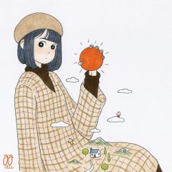 Rule 34 | 1girl, awai880, black eyes, black hair, blunt bangs, bob cut, bright pupils, brown sweater, cloud, giant, giantess, house, long sleeves, looking at viewer, mountain, original, plaid, plaid shirt, red sun, shirt, short hair, signature, solo, surreal, sweater, tree, white background, white pupils