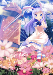 Rule 34 | 1girl, animal ears, apron, arm up, bad id, bad pixiv id, between legs, blue dress, blue hair, blue neckwear, blue sky, blue thighhighs, blurry, blurry background, blurry foreground, blush, breasts, character name, child, chinomaron, closed mouth, cloud, cloudy sky, commentary request, day, dress, field, flower, flower field, frills, from below, gochuumon wa usagi desu ka?, hair ornament, hairclip, hand between legs, happy birthday, highres, kafuu chino, light blue hair, long hair, maid, maid apron, outdoors, petals, rabbit ears, shirt, short sleeves, sidelocks, signature, sky, small breasts, smile, solo, split mouth, standing, striped clothes, striped thighhighs, sunlight, thighhighs, tree, white shirt, wind, windmill, x hair ornament