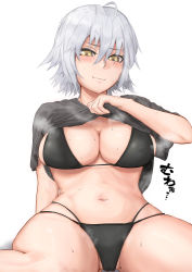 Rule 34 | 1girl, absurdres, ahoge, aogumaptticrash, blush, breasts, cleavage, closed mouth, fate/apocrypha, fate/grand order, fate (series), highres, jeanne d&#039;arc (fate), jeanne d&#039;arc alter (avenger) (fate), jeanne d&#039;arc alter (fate), large breasts, looking at viewer, short hair, silver hair, simple background, smile, solo, swimsuit, yellow eyes