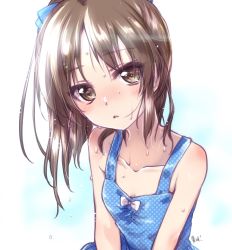 Rule 34 | 1girl, blue bow, blue one-piece swimsuit, bow, breasts, brown eyes, brown hair, collarbone, hair bow, highres, idolmaster, idolmaster cinderella girls, idolmaster cinderella girls starlight stage, kuroi mimei, long hair, one-piece swimsuit, parted lips, polka dot, polka dot swimsuit, ponytail, signature, small breasts, swimsuit, tachibana arisu, wet, wet hair, white bow