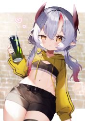 Rule 34 | 1girl, bad id, bad pixiv id, black shorts, can, cowboy shot, demon girl, demon horns, drawstring, drinking straw, flat chest, gradient hair, heart, highres, holding, holding can, hood, hoodie, horns, looking at viewer, midriff, monster energy, multicolored hair, navel, noi mine, original, pointy ears, red hair, red horns, short shorts, shorts, silver hair, solo, sports bra, stomach, thigh strap, uneven eyes, yellow eyes, yellow hoodie