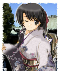 Rule 34 | 1girl, black eyes, black hair, female focus, hana (hana mo arashi mo), japanese clothes, kimono, looking at viewer, new year, one eye closed, ponytail, ribbon, smile, solo, wink