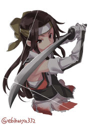 Rule 34 | 1girl, black necktie, brown eyes, brown hair, closed mouth, commentary request, diffraction spikes, ebifurya, elbow gloves, forehead protector, gloves, green ribbon, hair ornament, highres, holding, holding weapon, jintsuu (kancolle), jintsuu kai ni (kancolle), kantai collection, katana, long hair, looking at viewer, necktie, ribbon, simple background, sleeveless, solo, sword, twitter username, weapon, white background, white gloves