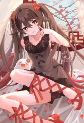 Rule 34 | 1girl, :p, absurdres, bare arms, black nails, black shorts, black skirt, blush, boo tao (genshin impact), bow, brown hair, cherry blossoms, colored tips, dress, feet, flower, flower-shaped pupils, full body, genshin impact, ghost, hair between eyes, hair flower, hair ornament, hand up, highres, hu tao (genshin impact), long hair, looking at viewer, multicolored hair, nail polish, open mouth, petals, red eyes, red footwear, red ribbon, ribbon, ro/ku, shoes, shorts, sidelocks, sitting, skirt, sleeveless, smile, solo, symbol-shaped pupils, thighs, toes, tongue, tongue out, twintails, very long hair