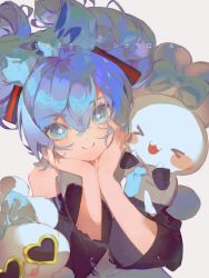 Rule 34 | &gt;w&lt;, 1girl, black sleeves, blue bow, blue eyes, blue hair, blue nails, blush, blush stickers, bow, character name, cinnamiku, cinnamoroll, closed mouth, commentary, cosplay, creature, creature on arm, crossed bangs, crossover, detached sleeves, grey shirt, hair between eyes, hands on own chest, hatsune miku, hatsune miku (cosplay), head rest, heart, heart-shaped eyewear, highres, long hair, looking at viewer, nail polish, open mouth, sanrio, shirt, smile, split mouth, sunglasses, tail, tied ears, updo, vocaloid, waihle, white background, yellow-framed eyewear