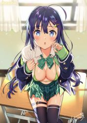 Rule 34 | 1girl, ahoge, black thighhighs, blazer, blue eyes, blue hair, blue jacket, blurry, blush, bow, bowtie, bra, breasts, cardigan, chestnut mouth, cleavage, collarbone, collared shirt, commentary request, curtains, day, depth of field, desk, from above, green bow, green bowtie, green bra, green cardigan, green skirt, hair ornament, hairclip, harunoibuki, indoors, jacket, large breasts, long hair, looking at viewer, micro bra, miniskirt, navel, off shoulder, open cardigan, open clothes, open jacket, open shirt, original, parted lips, pleated skirt, school desk, school uniform, shirt, signature, sitting, skirt, solo, thigh strap, thighhighs, underwear, very long hair, white shirt, window, zettai ryouiki