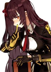 Rule 34 | 1girl, azarea, black gloves, blunt bangs, breasts, brown eyes, brown hair, closed mouth, collared shirt, commentary request, girls&#039; frontline, gloves, hair ribbon, highres, lips, long hair, long sleeves, looking at viewer, necktie, one side up, red necktie, red ribbon, ribbon, shirt, short necktie, sidelocks, simple background, smile, solo, two-tone gloves, upper body, very long hair, wa2000 (girls&#039; frontline), white background, yellow gloves