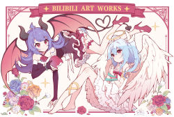 Rule 34 | 2girls, ahoge, angel wings, apple, barefoot, bili girl 22, bili girl 33, bilibili, black gloves, blue hair, blush, bracelet, breasts, cleavage, closed mouth, copyright name, demon horns, demon wings, elbow gloves, flat chest, flower, food, fruit, gloves, halo, heart, heart tail, high heels, holding, holding food, holding fruit, horns, jewelry, large breasts, long hair, looking at another, multiple girls, parted lips, partially fingerless gloves, red eyes, red flower, red rose, rose, sharlorc, short hair, short ponytail, side ponytail, smile, tail, wings