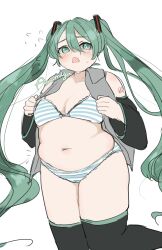 1girl absurdres belly black_thighhighs breasts etoile_amamiya fat green_eyes green_hair hatsune_miku highres medium_breasts muffin_top navel open_clothes open_shirt panties plump shoulder_tattoo solo stomach striped_clothes striped_panties tattoo thighhighs twintails underwear vocaloid