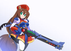 Rule 34 | 1girl, beret, blue dress, breasts, brown hair, commentary request, cowboy shot, dress, finger on trigger, green eyes, gun, hat, holding, holding gun, holding weapon, iris (mega man), kaidou zx, long hair, looking at viewer, mega man (series), mega man x (series), multicolored clothes, multicolored dress, red dress, red hat, rifle, simple background, small breasts, solo, super robot wars, super robot wars original generation, very long hair, voice actor connection, weapon, white background