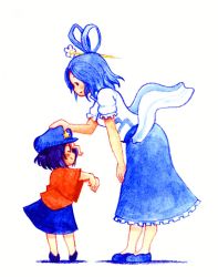 Rule 34 | 2girls, acrylic paint (medium), aged down, blue hair, child, closed eyes, colored pencil (medium), dress, female focus, hair ornament, hair rings, hair stick, hand on own knee, hat, headpat, highres, kaku seiga, leaning forward, miyako yoshika, multiple girls, ofuda, outstretched arms, painting (medium), shawl, shoes, short hair, simple background, skirt, smile, star (symbol), terrajin, touhou, traditional media, white background, zombie pose