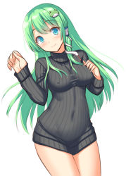 Rule 34 | 1girl, alternate costume, arms up, black sweater, blue eyes, breasts, commentary request, contrapposto, covered erect nipples, cowboy shot, frog hair ornament, green hair, hair ornament, hair tubes, hand on own chest, head tilt, impossible clothes, impossible sweater, kochiya sanae, large breasts, long hair, long sleeves, looking at viewer, no pants, partial commentary, ribbed sweater, simple background, smile, snake hair ornament, solo, standing, sweater, tokyo yamane, touhou, turtleneck, turtleneck sweater, very long hair, white background