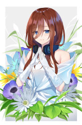 Rule 34 | 1girl, absurdres, bare shoulders, blue eyes, blue flower, border, breasts, cleavage, closed mouth, commentary request, cropped torso, dress, flower, gloves, go-toubun no hanayome, grey background, hair between eyes, headphones, headphones around neck, highres, long hair, looking at viewer, medium breasts, nakano miku, off shoulder, plant, smile, solo, takenoko 27074918, white border, white dress, white flower, white gloves