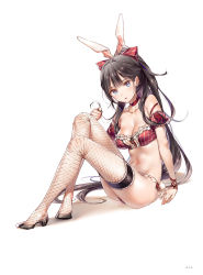 Rule 34 | 1girl, animal ears, arm support, bare shoulders, black hair, blue hair, breasts, choker, collarbone, crop top, detached sleeves, dsmile, fake animal ears, fishnets, full body, high heels, highres, lingerie, long hair, looking at viewer, medium breasts, navel, no bra, original, page number, parted lips, ponytail, puffy short sleeves, puffy sleeves, rabbit ears, rabbit tail, sarah (dsmile), short sleeves, simple background, sitting, solo, striped, tail, underwear, vertical stripes, white background