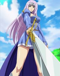 Rule 34 | 10s, 1girl, annelotte, blue dress, breasts, dress, female focus, highres, long hair, nature, outdoors, plant, queen&#039;s blade, queen&#039;s blade rebellion, sky, solo, standing, stitched, sword, third-party edit, weapon
