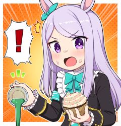 Rule 34 | !, 1girl, ^^^, animal ears, armband, black jacket, blue bow, blue ribbon, bow, commentary request, cupcake, drink, ear ribbon, emphasis lines, food, food on face, highres, holding, holding food, horse ears, jacket, long hair, looking at viewer, mejiro mcqueen (umamusume), open mouth, pouring, purple eyes, purple hair, ribbon, solo, spill, spoken exclamation mark, sweat, swept bangs, takiki, umamusume, upper body, v-shaped eyebrows