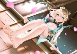 Rule 34 | 1girl, :d, bare legs, barefoot, black gloves, blonde hair, blush, breasts, casino (casinoep), chest sarashi, feet, fingerless gloves, from below, full body, gloves, green eyes, hair between eyes, hair ribbon, haori, hololive, japanese clothes, katana, kazama iroha, long sleeves, looking at viewer, medium breasts, off shoulder, open mouth, petals, ponytail, ribbon, sarashi, sitting, smile, soles, solo, sword, toes, twitter username, virtual youtuber, weapon, weapon on back