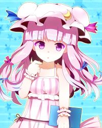Rule 34 | 1girl, alternate costume, bad id, bad pixiv id, bow, hair bow, hair ribbon, hat, long hair, looking at viewer, mob cap, parted lips, patchouli knowledge, purple eyes, purple hair, ribbon, shirokuro gin, solo, touhou, wrist cuffs