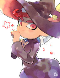 Rule 34 | 1boy, black hat, black robe, closed mouth, hand up, hat, holding, index finger raised, inkbrush (splatoon), kirikuchi riku, long sleeves, looking at viewer, male focus, mohawk, nintendo, octoling, octoling boy, octoling player character, over shoulder, pink eyes, red hair, robe, smile, solo, splatoon (series), splatoon 2, star (symbol), suction cups, tentacle hair, white background, wizard hat
