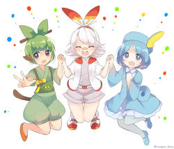 Rule 34 | 3girls, :d, :o, bandaid, bandaid on face, bandaid on nose, blue dress, blue eyes, blue footwear, blue hair, blue headwear, blunt bangs, bow, closed eyes, creatures (company), dress, artistic error, facing viewer, game freak, gen 8 pokemon, green bow, green hair, grookey, hair bow, hair ornament, hair stick, hairband, hand grab, hat, highres, jumping, looking at viewer, multiple girls, nintendo, open mouth, orange footwear, ougi hina, parted bangs, personification, pokemon, red hairband, scorbunny, shorts, simple background, smile, sobble, starter pokemon trio, twitter username, white background
